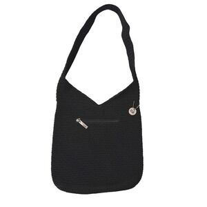The Sak Original Crochet Hobo Shoulder Bag Black Charm Zipper Pocket‎